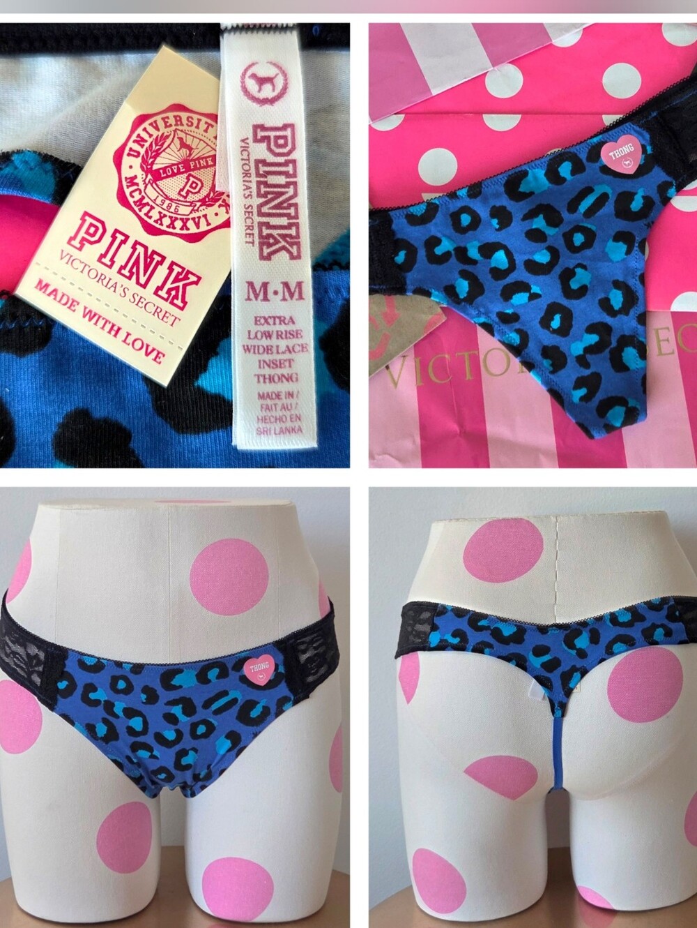 Victoria's Secret PINK VTG Extra Low Rise Wide Lace Thong Panty NWT Blue Y2K HTF